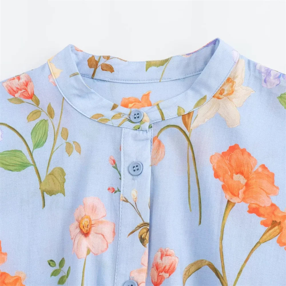 Floral Print Belted Maxi Dress for Women Round Neck