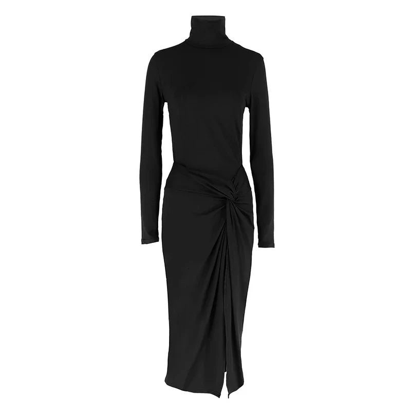 Black Maxi Dress For Women With Slit And Turtleneck Style