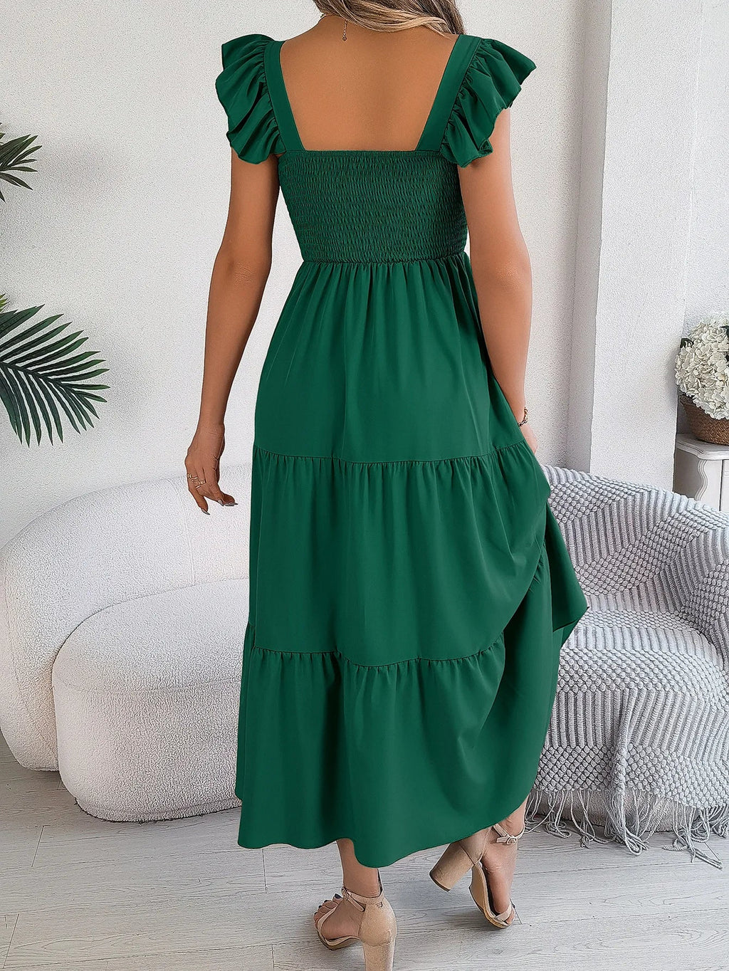 Square Neck Maxi Dress for Women Solid Summer Color
