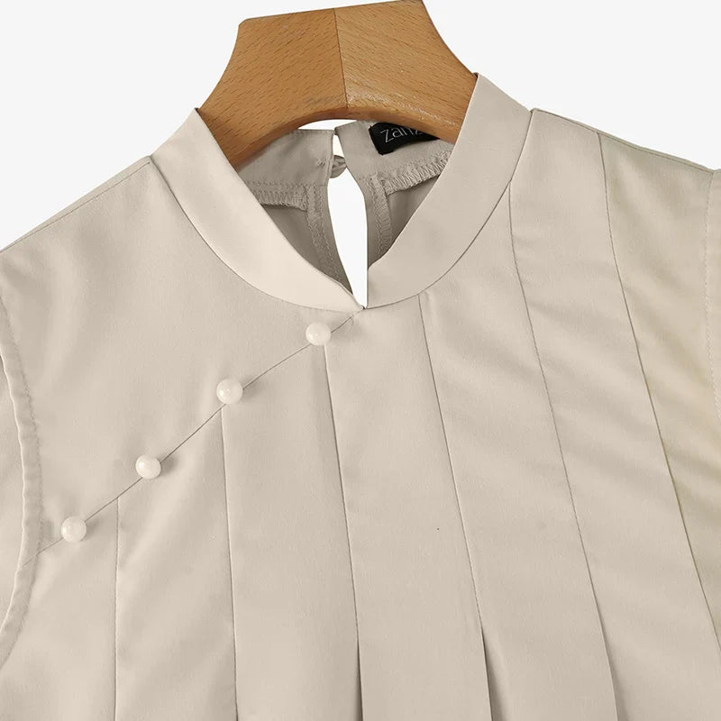 Mandarin Collar Pleated Sundress Women Sleeveless A Line