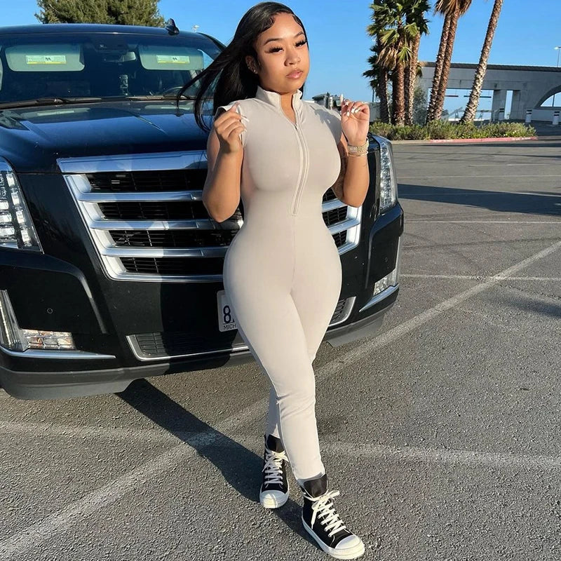 Women's Sleeveless Zipper Neck Sexy Bodycon Jumpsuit One Piece Stylish Summer Streetwear Party Gym Romper Overalls