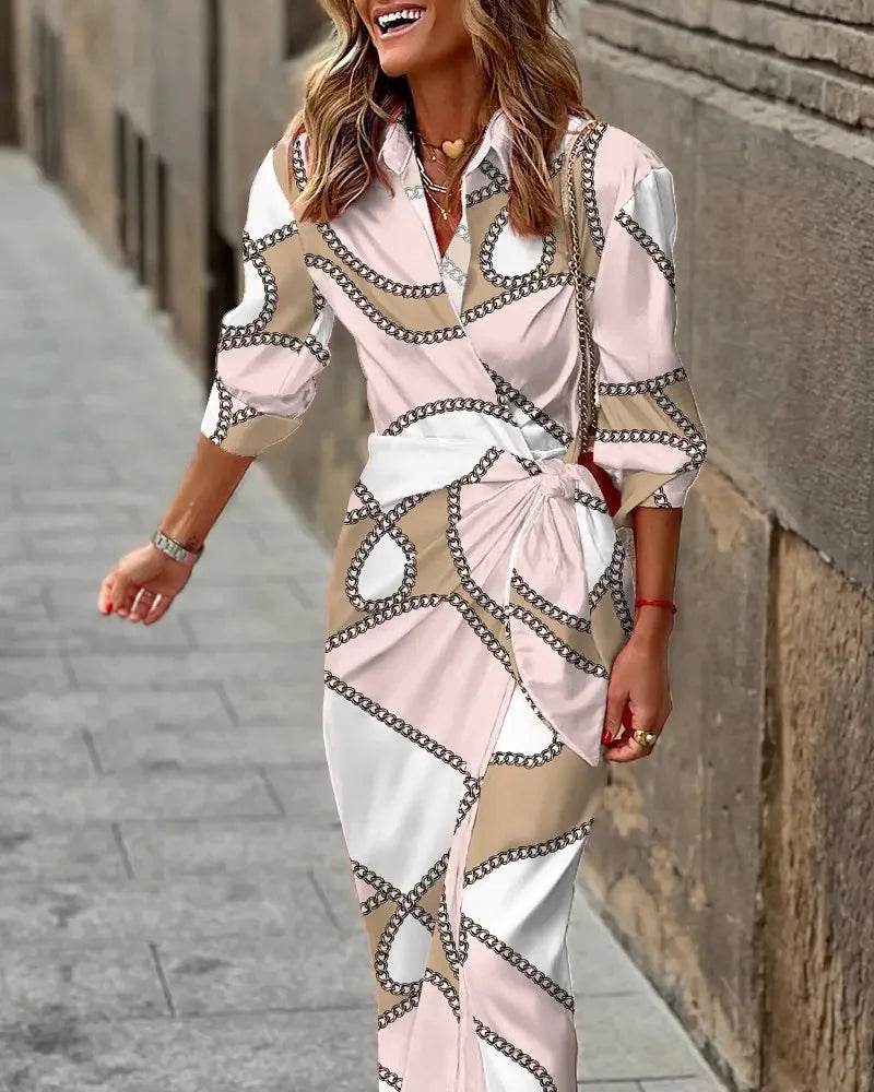 Printed Striped Shirt Collar Midi Dress For Women Everyday
