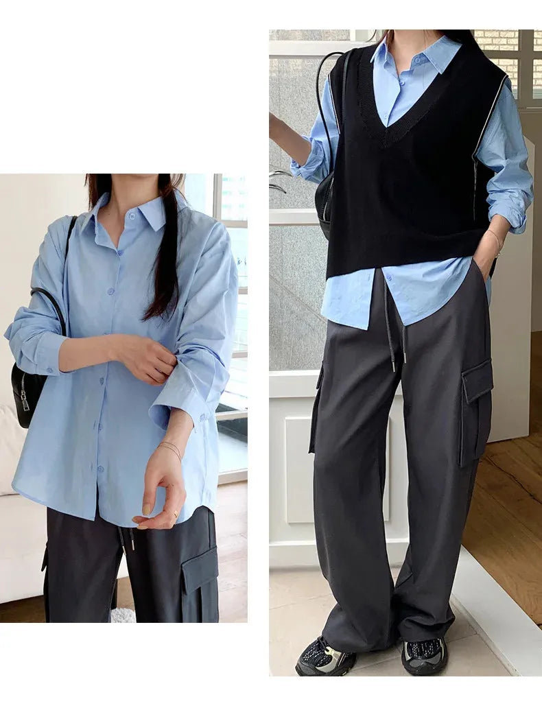 Women's Casual Loose Fit Long Sleeve Lapel Shirt 100 Percent Cotton Pure Color Versatile Layering Top for Spring and Autumn