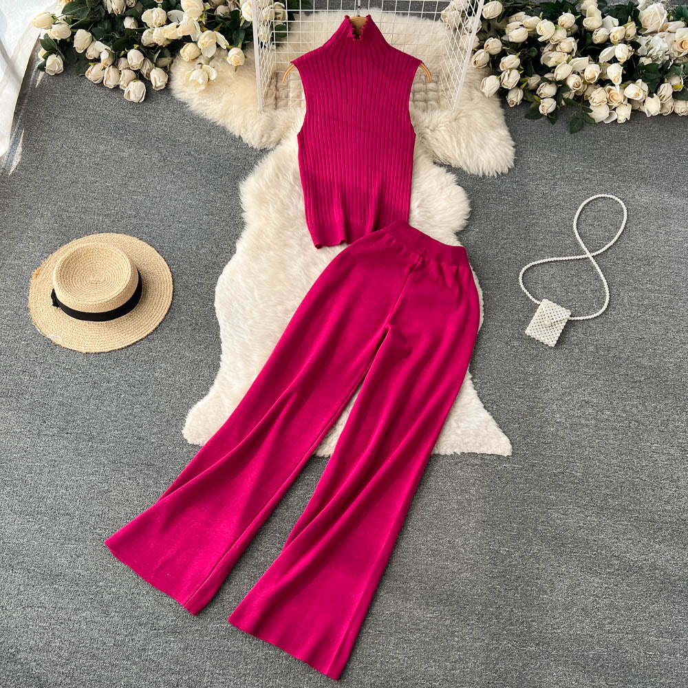 3 Piece Knitted Tracksuit Set for Women Comfy Loungewear with Long Cardigan Coat Turtleneck Vest and Pants