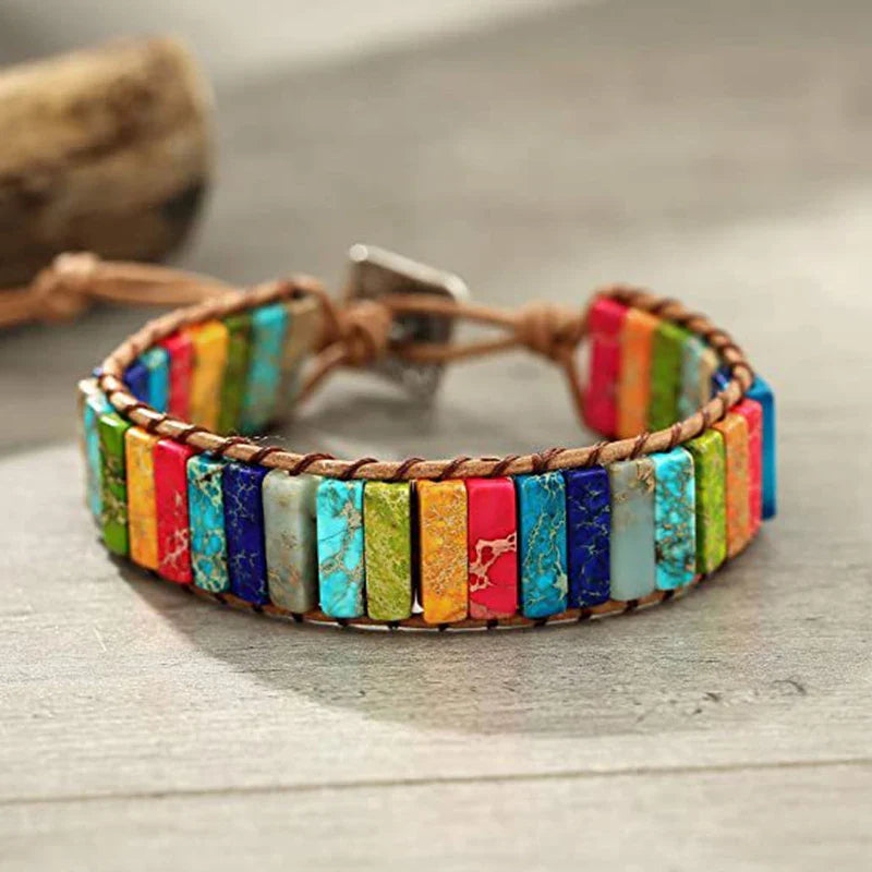 Bohemian Multicolor Chakra Healing Bracelet with Rectangular Stones and Leather Rope Woven Design