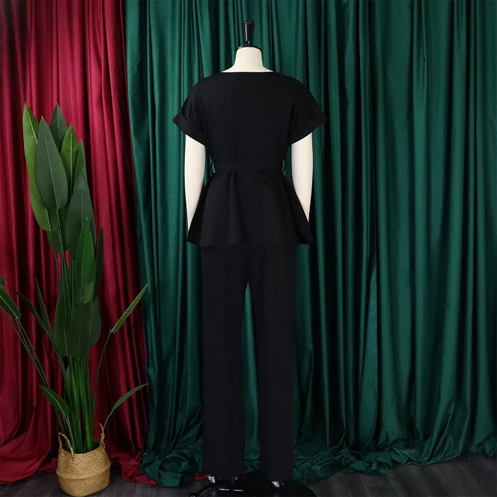 Women's Elegant 2 Piece Pants Set with Solid Blouse Short Sleeve O Neck and Long Trousers