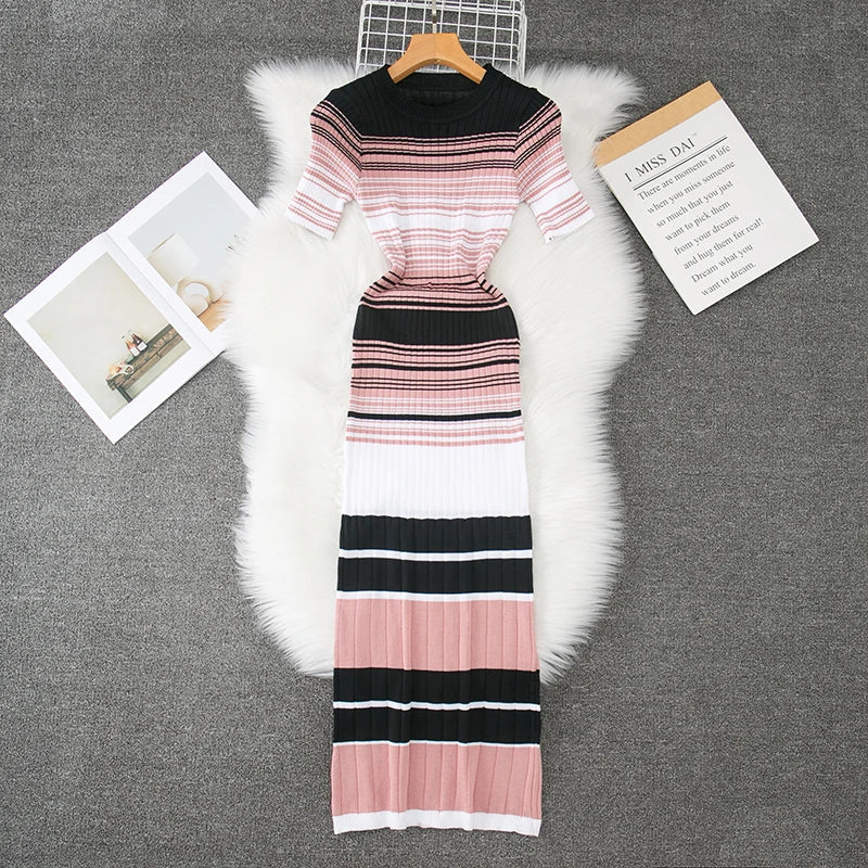 Wrap Bodycon Dress Women Knitted Striped Long Summer Dress
