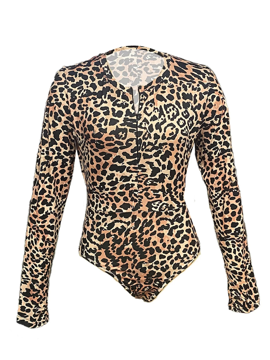 Sexy Leopard Print Long Sleeve V Neck Jumpsuit Shorts with Front Zipper Closure