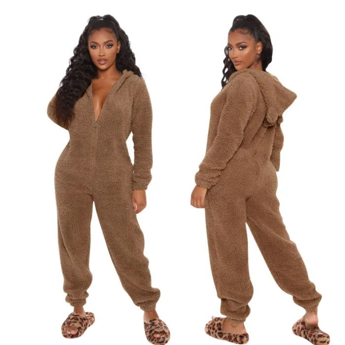 Women's One-Piece Hooded Jumpsuit Thickened Full-Length Overalls Cozy Autumn Winter Wear