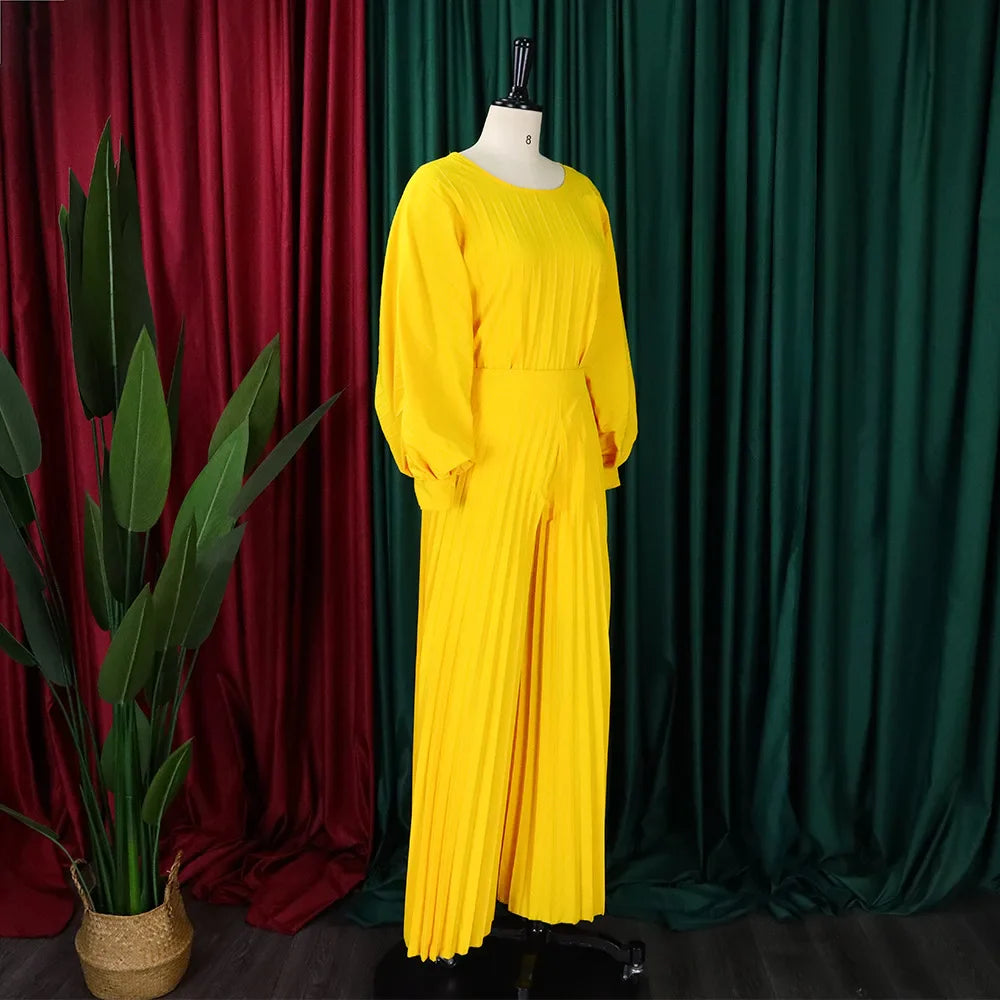 Elegant 2 Piece Women's Outfit with O Neck Blouse and High Waisted Wide Leg Pants Set