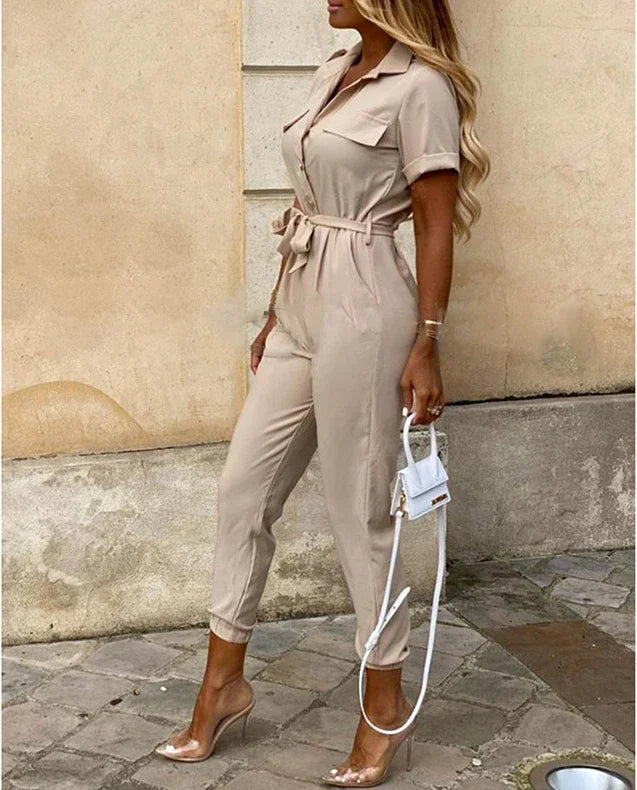 Casual Chic Overalls for Women Lapel Lace-Up Print Belted Work Jumpsuit One-Piece Bodysuit Elegant Long Sleeve Jumpsuit with Stylish Fit