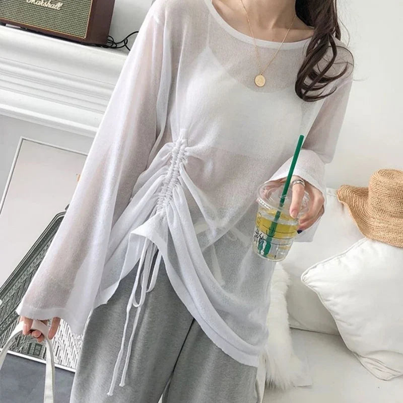 Rimocy Women Ice Silk Long Sleeve Sunscreen T Shirts for Summer Fashion with Drawstring Loose Fit