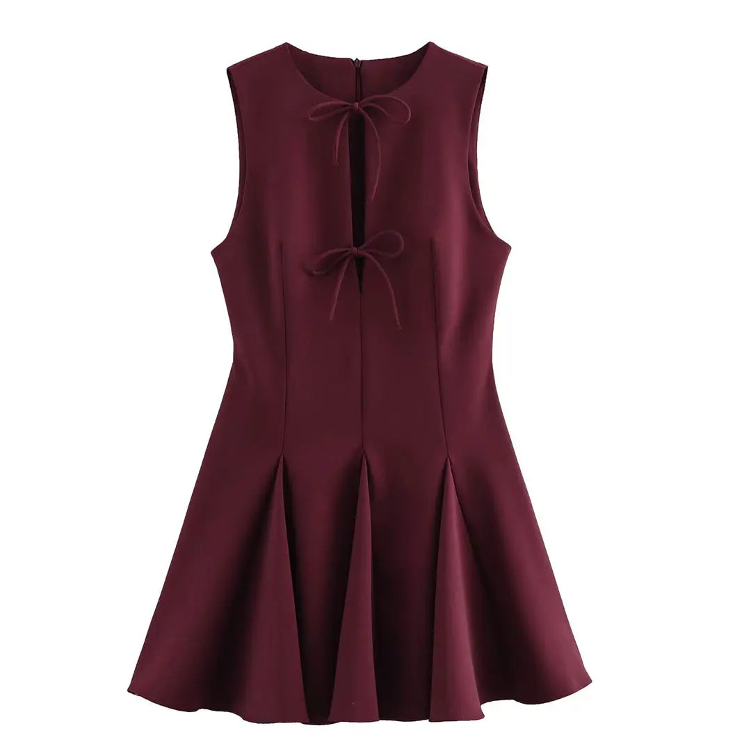 White Bow Pleated Mini Dress For Summer Party Elegant