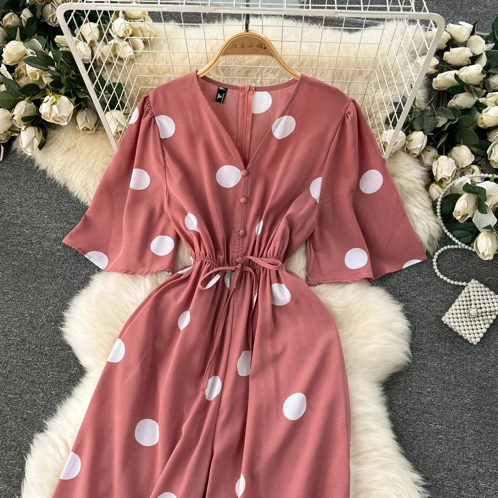 Women Wide Leg Polka Dot Jumpsuit with V Neck Dolman Sleeves and Slim Waist Design