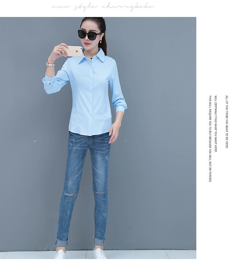 Elegant Slim Fit Blue Long Sleeve Blouse for Women Formal Office Shirt Basic Workwear Top
