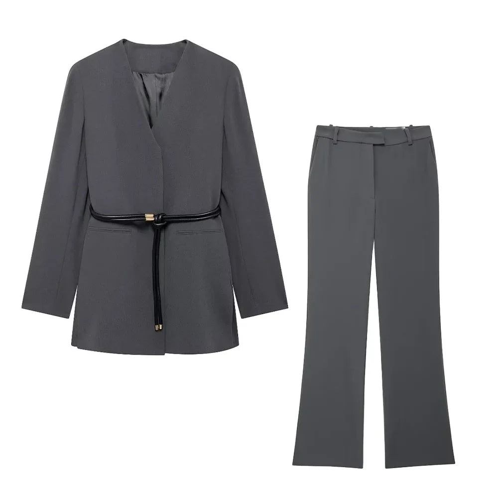 Women's Fashion Long Sleeve Suit Jacket with Belt and Zipper Straight Pants Set