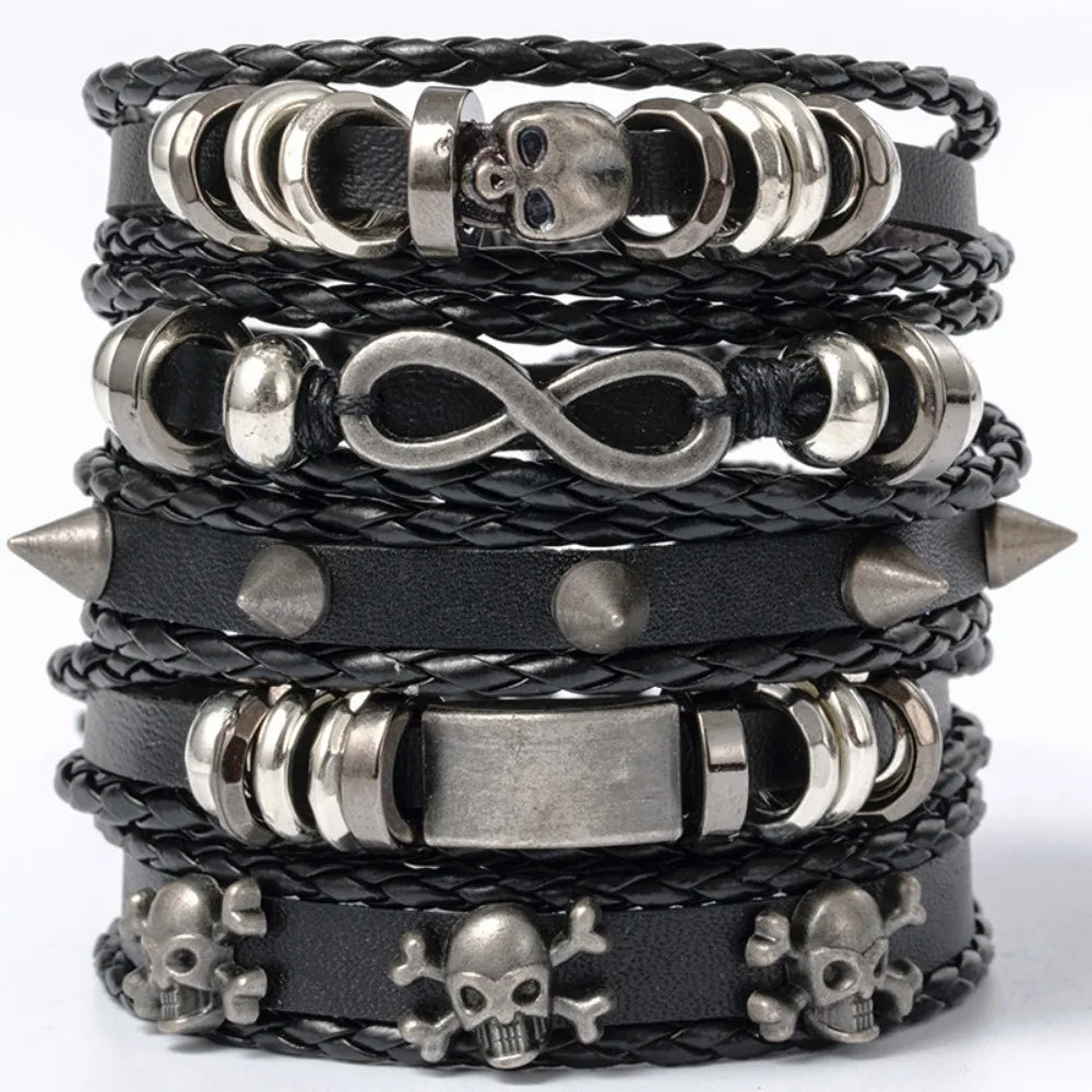 Punk Style Evil Eye Skull Bracelet Set with Adjustable PU Leather and Beads - 4/5/6 Pieces