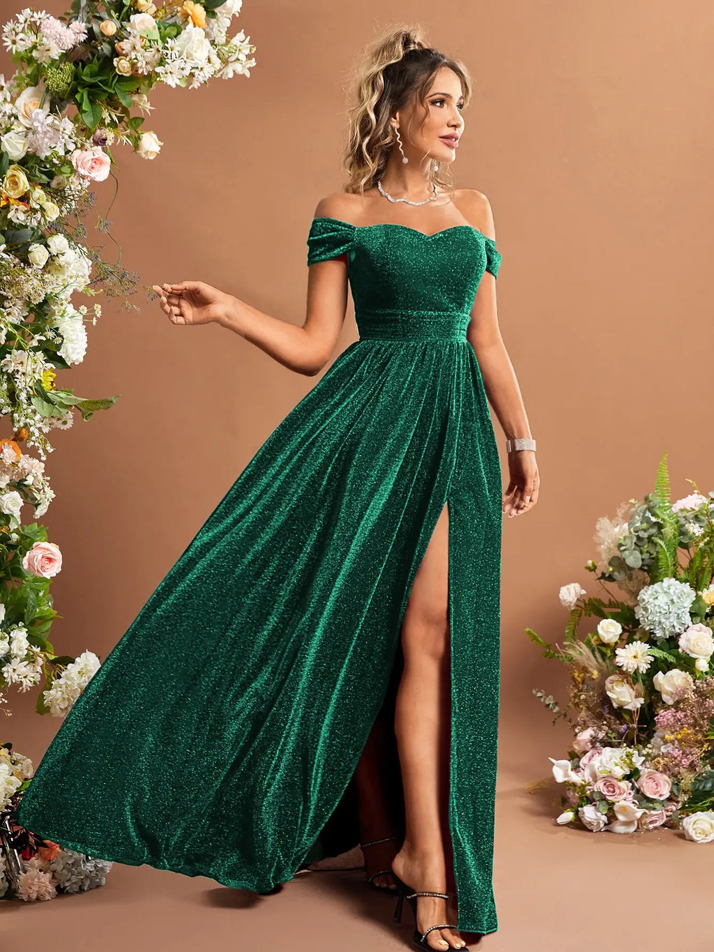 Green Off Shoulder Glitter Dress With Thigh Slit Sequins