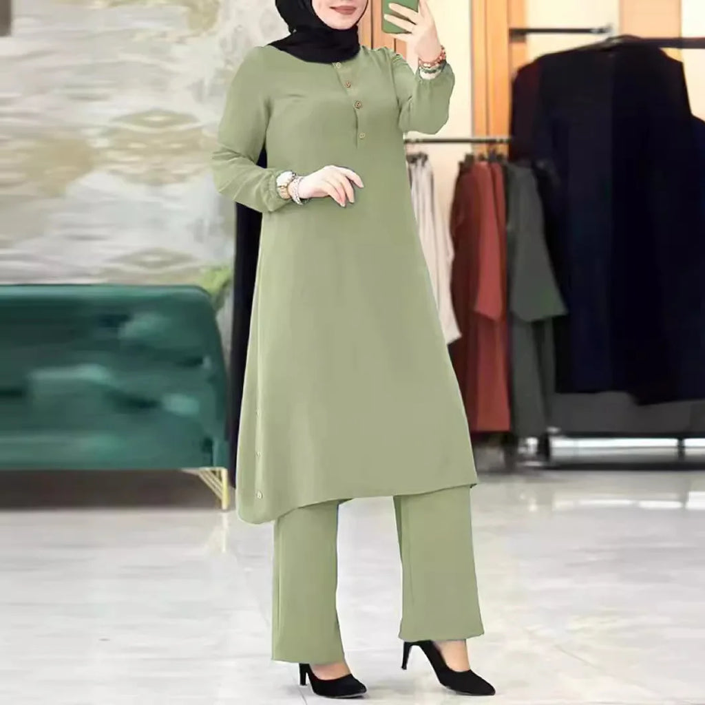 Women's Elegant Two Piece Muslim Abaya Set with Irregular Long Shirt and Wide Leg Pants