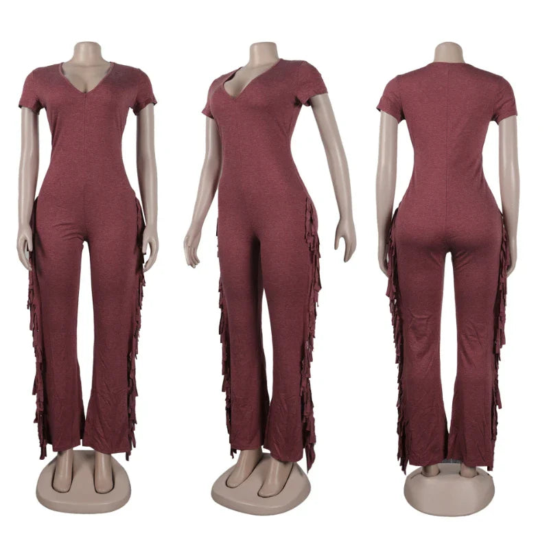 Casual Women's One Piece Jumpsuit with Side Fringe Tassel V-Neck Short Sleeve Skinny Fit Flare Pants Romper
