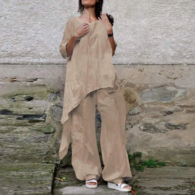 Casual Loose Cotton Linen Top with Irregular Hem and Round Neck Paired with Elegant Loose Leg Pants Two Piece Set