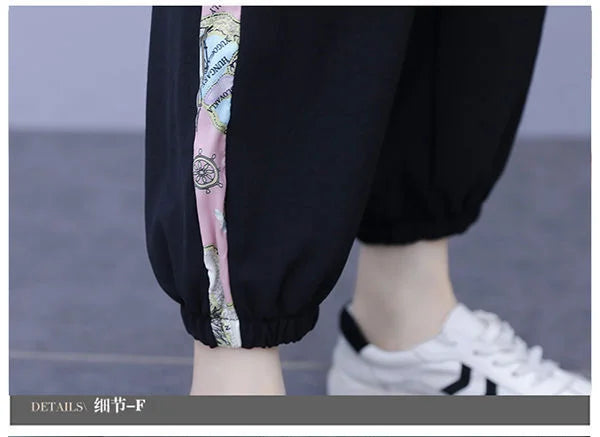 Women's Casual Two Piece Set with Hooded T-Shirt and Contrast Printed Pants for Spring and Summer Fashion