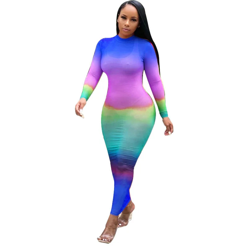 Rainbow Gradient Sheer O Neck Dress For Clubwear Nights