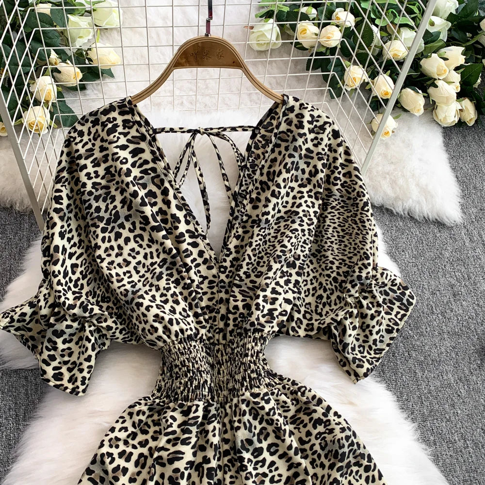 Women's Summer V-Neck Leopard Print Lace-Up Jumpsuit Short Sleeve Loose Fit Playsuit Overalls with Elegant Ruffle Detail