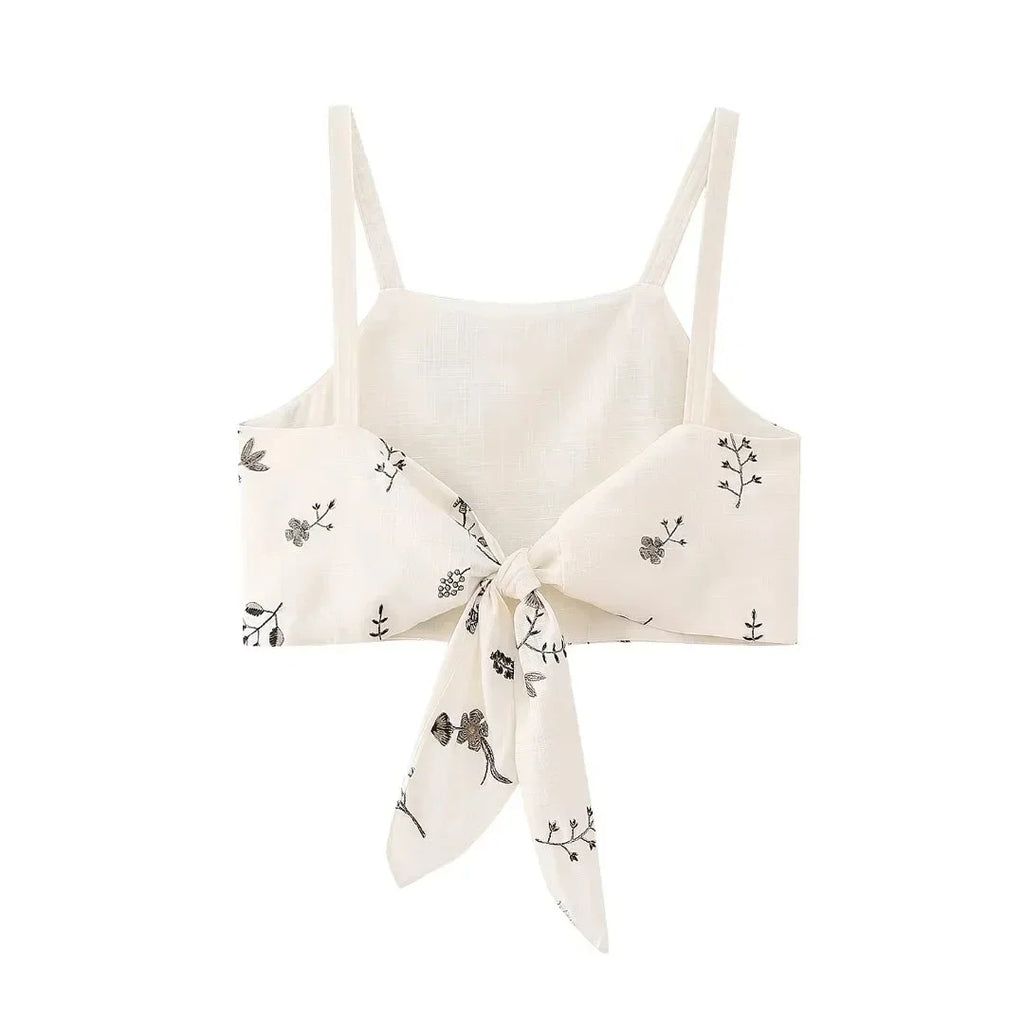 Summer Women Two Piece Set Embroidered Bowknot Short Sling Top with Elegant Midi Skirt Slim Fit Casual Fashion Outfit