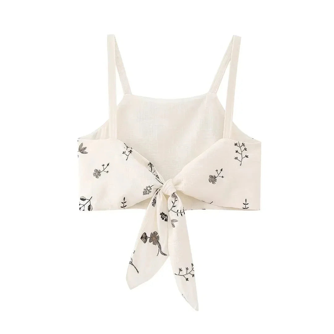 Summer Women Two Piece Set Embroidered Bowknot Short Sling Top with Elegant Midi Skirt Slim Fit Casual Fashion Outfit