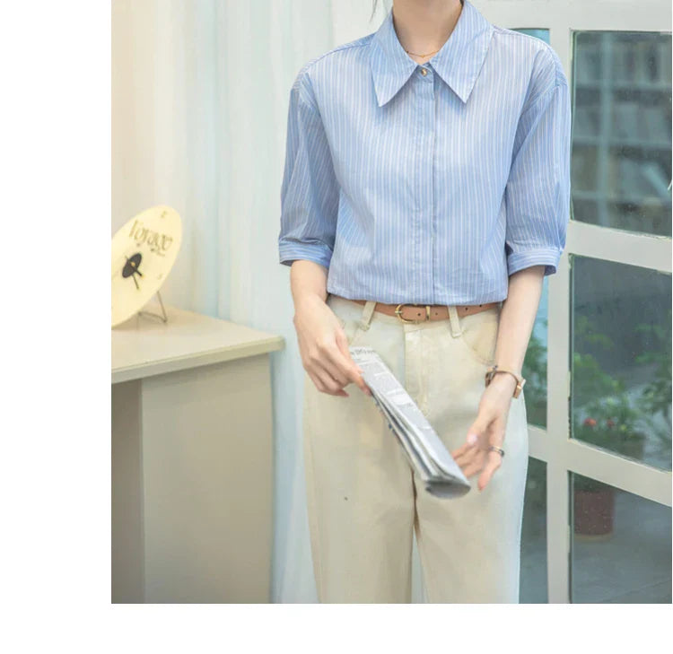 Women Casual Blue Stripe Short Sleeve Polo Collar Shirt Elegant Loose Office Blouse Single Breasted Summer Chic Top
