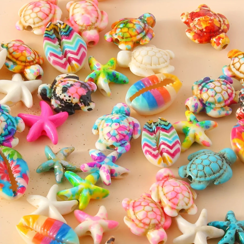 28pcs Ocean-Themed DIY Bead Kit for Bracelet, Necklace and Ankle Chain Accessories with Sea Turtle, Starfish and Shell Charms