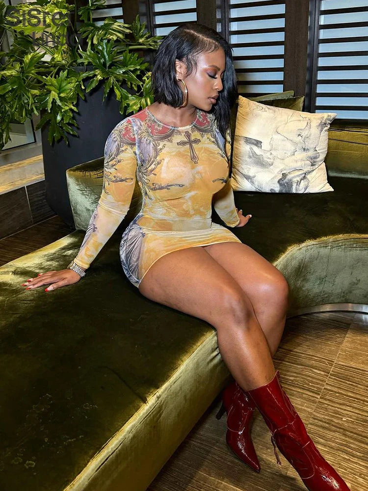 Aesthetic Print Mini Dress With Long Sleeve O Neck Chic