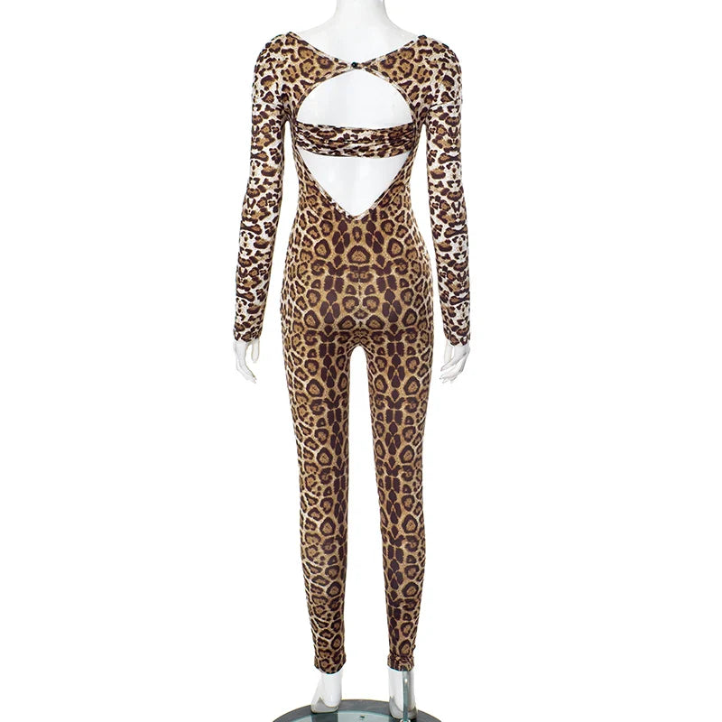 Leopard Print Long-Sleeved Crop Top with High-Waisted Trendy Jumpsuit Sexy Chic Stylish Outfit for Women