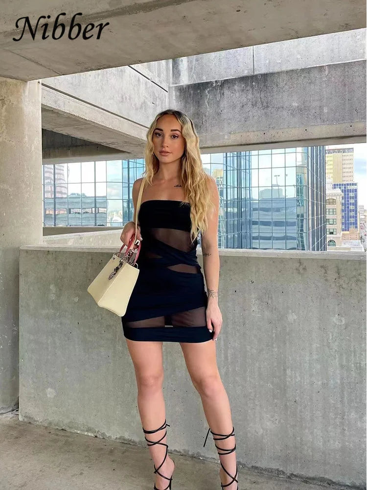 Mesh Patchwork Mini Dress Bandage Style Wrapped Chest