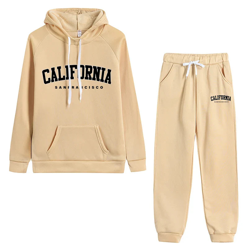 Womens California Letter Printing Hooded Tracksuit Set High Quality Casual Jogging Sweatshirt and Pants