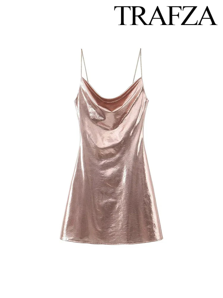 Metallic Glitter Backless Spaghetti Strap Dress For Party
