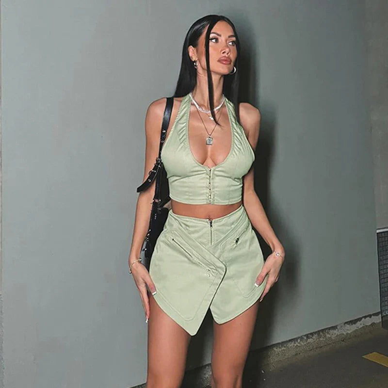 2 Piece Women's Summer Fashion Set V Neck Sleeveless Crop Tank Top and High Waist Shorts Backless Casual Leisure Outfit