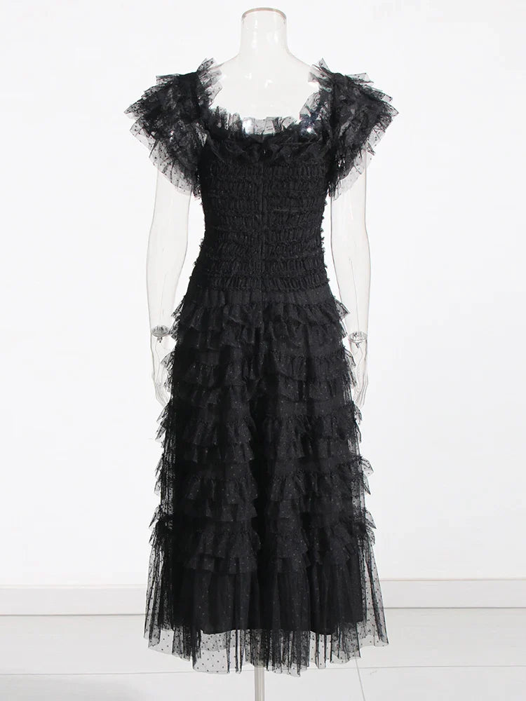 Patchwork Mesh Dress For Women High Waist Ruffled Casual