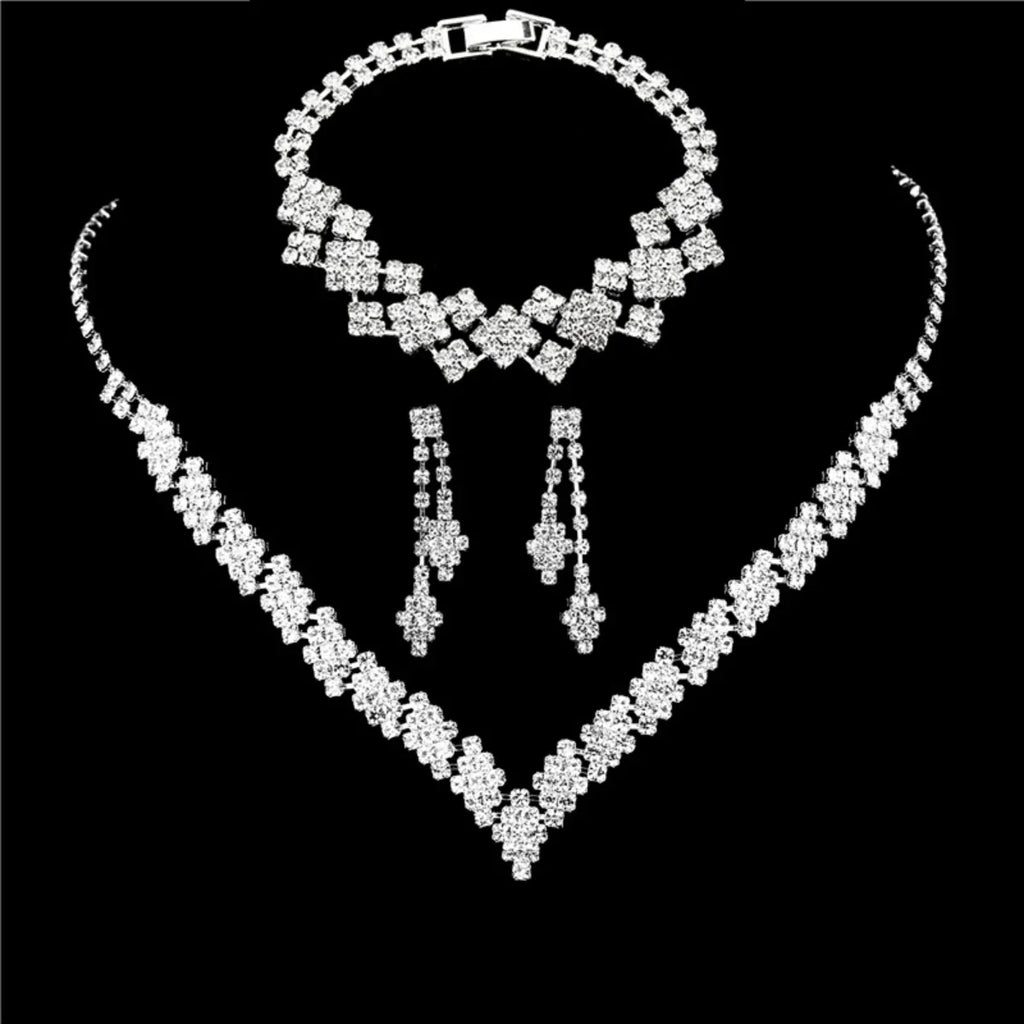 3pcs Bridal Jewelry Set Silver Plated Rhinestone Clutch Bracelet and Tassel Earrings Wedding Jewelry Gift