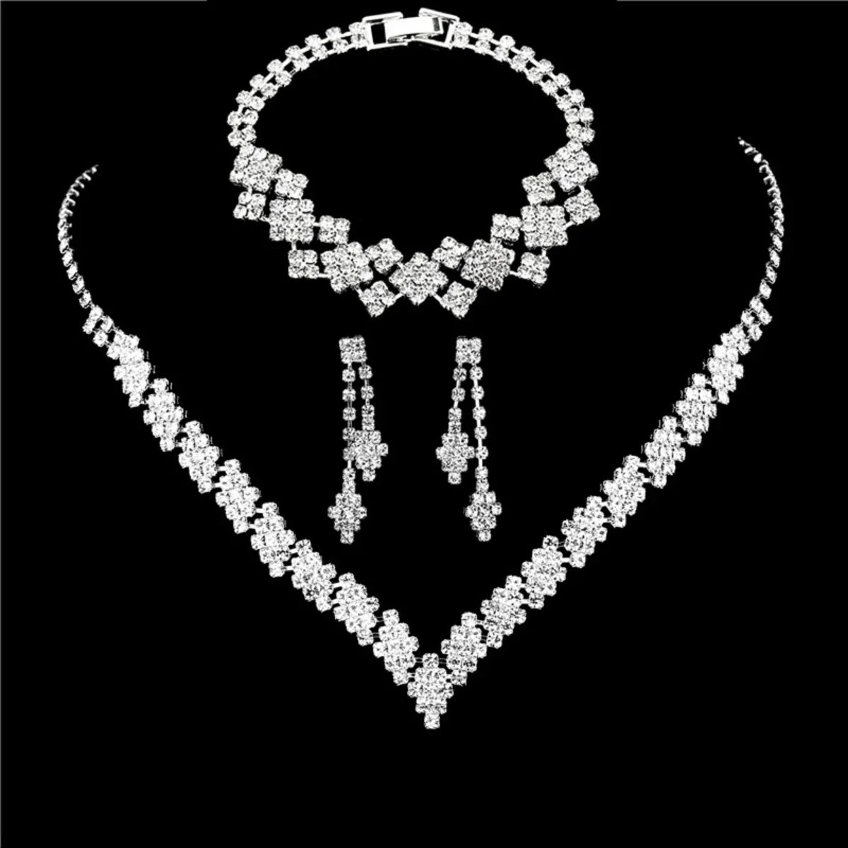 3pcs Bridal Jewelry Set Silver Plated Rhinestone Clutch Bracelet and Tassel Earrings Wedding Jewelry Gift