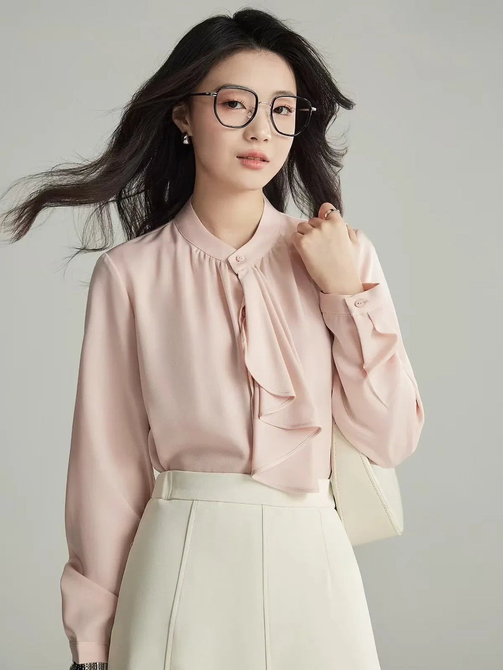 Elegant Scarf Collar Button Up Blouse for Women Long Sleeve Solid Color Temperament Top Spring Autumn Fashion Shirt