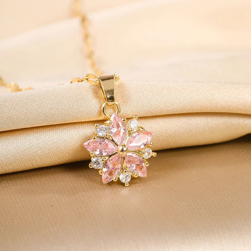 Cute Pink Sakura Pendant Stainless Steel Necklace for Women with Clavicle Chain and 18K Gold Plating, Perfect Gift for Fashion Lovers