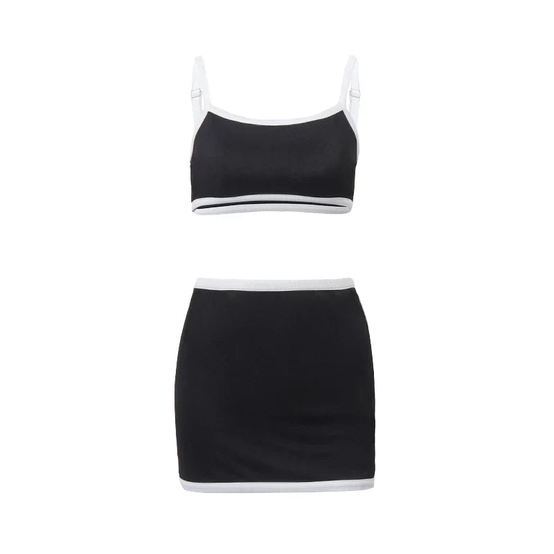 Casual Sporty Women Two Piece Set High Streetwear Patchwork Slip Tank Top with Skinny Elastic Mini Skirt