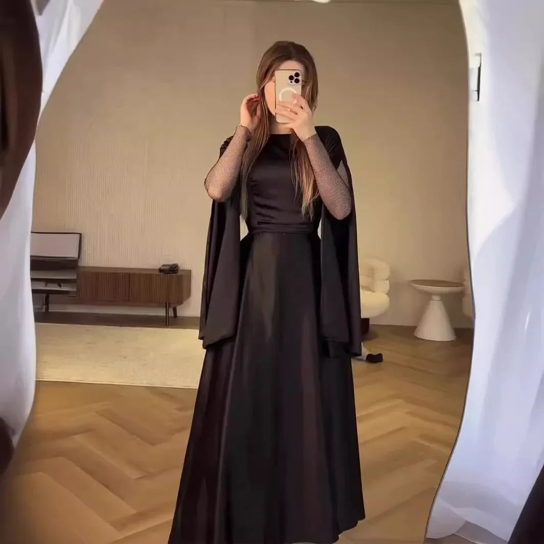 Bandage Maxi Dress High Waist Patchwork Elegant Long Sleeve