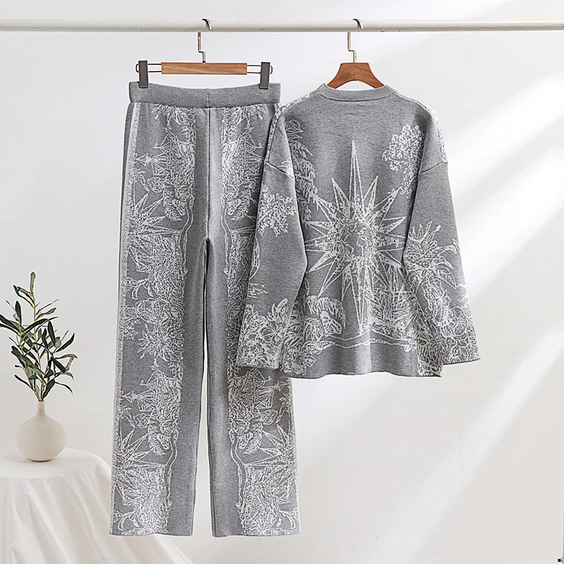 Elegant Women's Loungewear 2 Piece Knit Pants Set with Ink Floral Sweater and Matching Knitted Bottoms