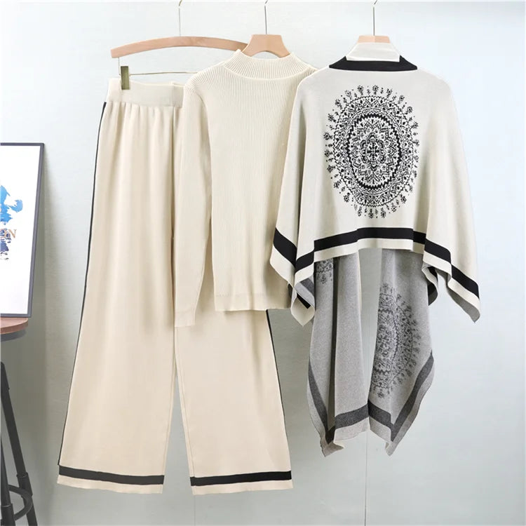 Cozy Knit Shawl Sweater Three Piece Set for Women Loose Wide Leg Pants Casual Jacket Solid Color Autumn Winter Outfit