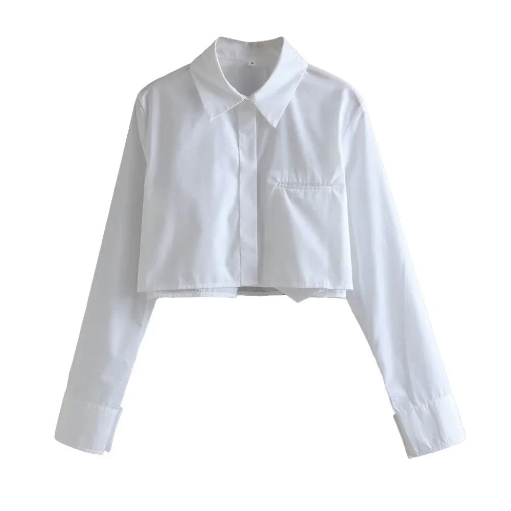 Women's Vintage Loose Cropped Shirt Long Sleeve Front Button Blouse Chic Casual Top