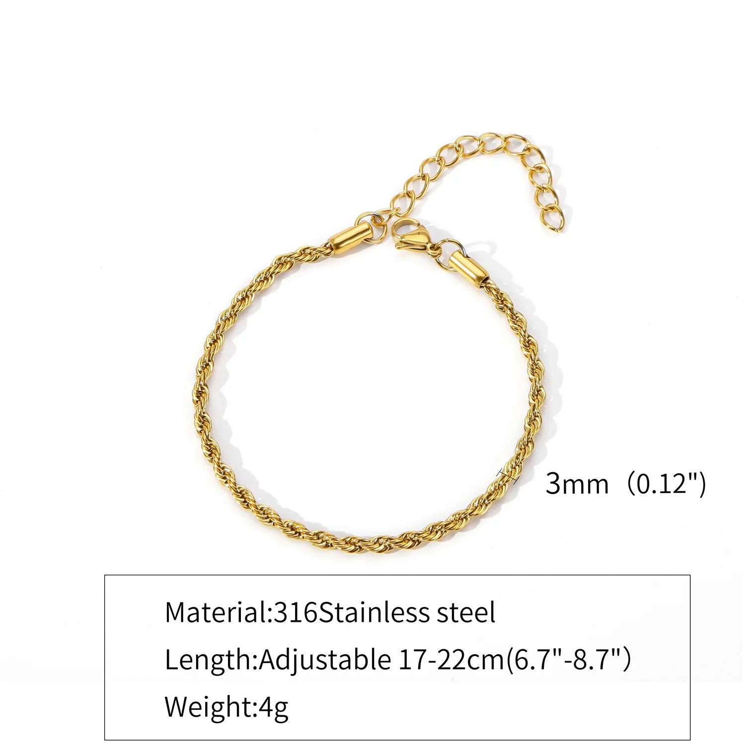 3mm Vintage Stainless Steel Twist Chain Bracelet for Men and Women - Rock Style Gold and Silver Fashion Jewelry