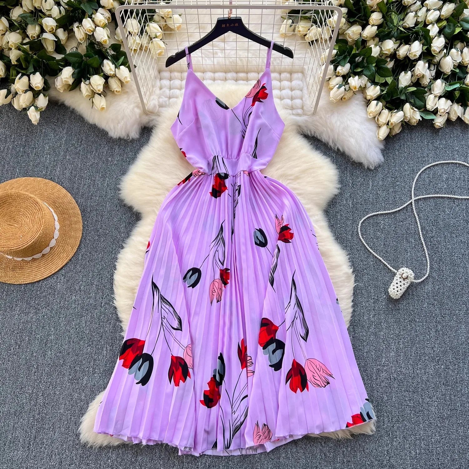 Floral Print Maxi Dress High Waist Spaghetti Strap Backless